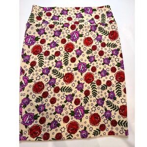 LuLaRoe Cassie Skirt Womens Medium Cream Floral Star Rose Pencil Skirt Excellent